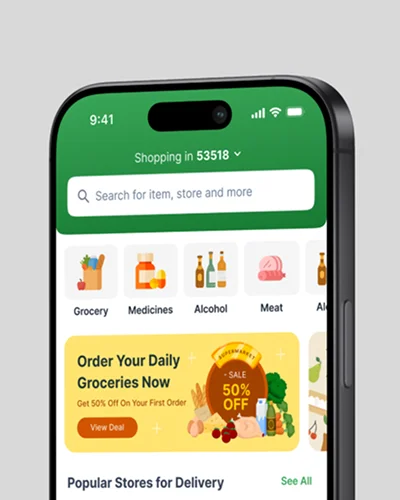 Allish customer app — home screen with grocery categories and search