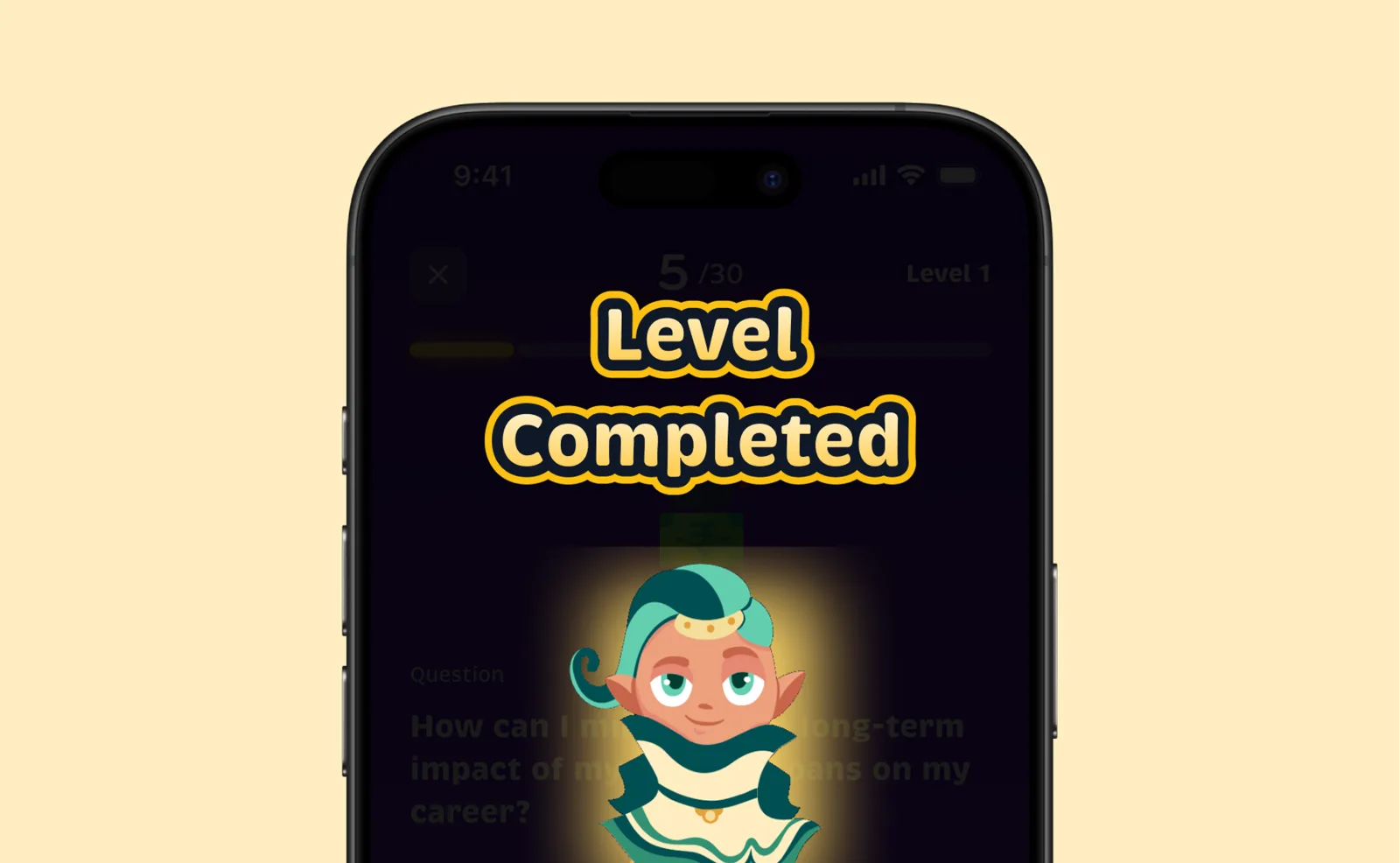 Finiegenie — Level Completed screen in Genie Cash quiz